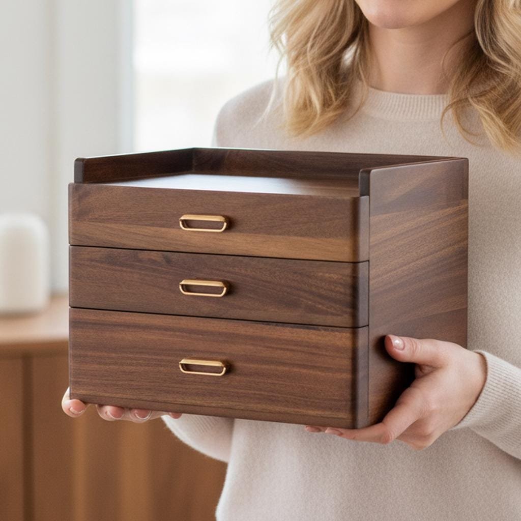 Personalized Jewelry Box for Women Wooden Organizer with 3 Drawers for Women's Jewelry Collection Rings Necklaces Earrings Compartments