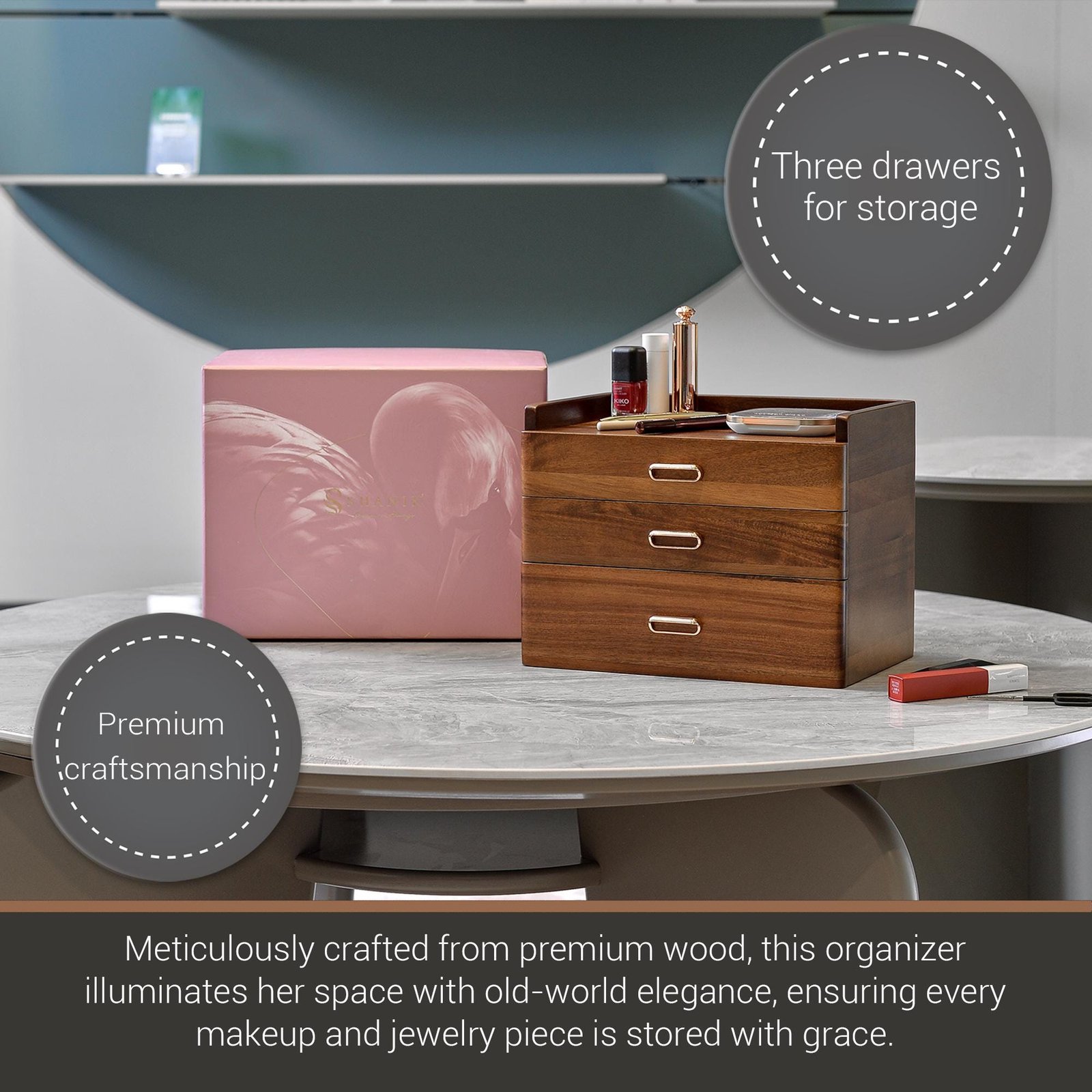 Personalized Jewelry Box for Women Wooden Organizer with 3 Drawers for Women's Jewelry Collection Rings Necklaces Earrings Compartments