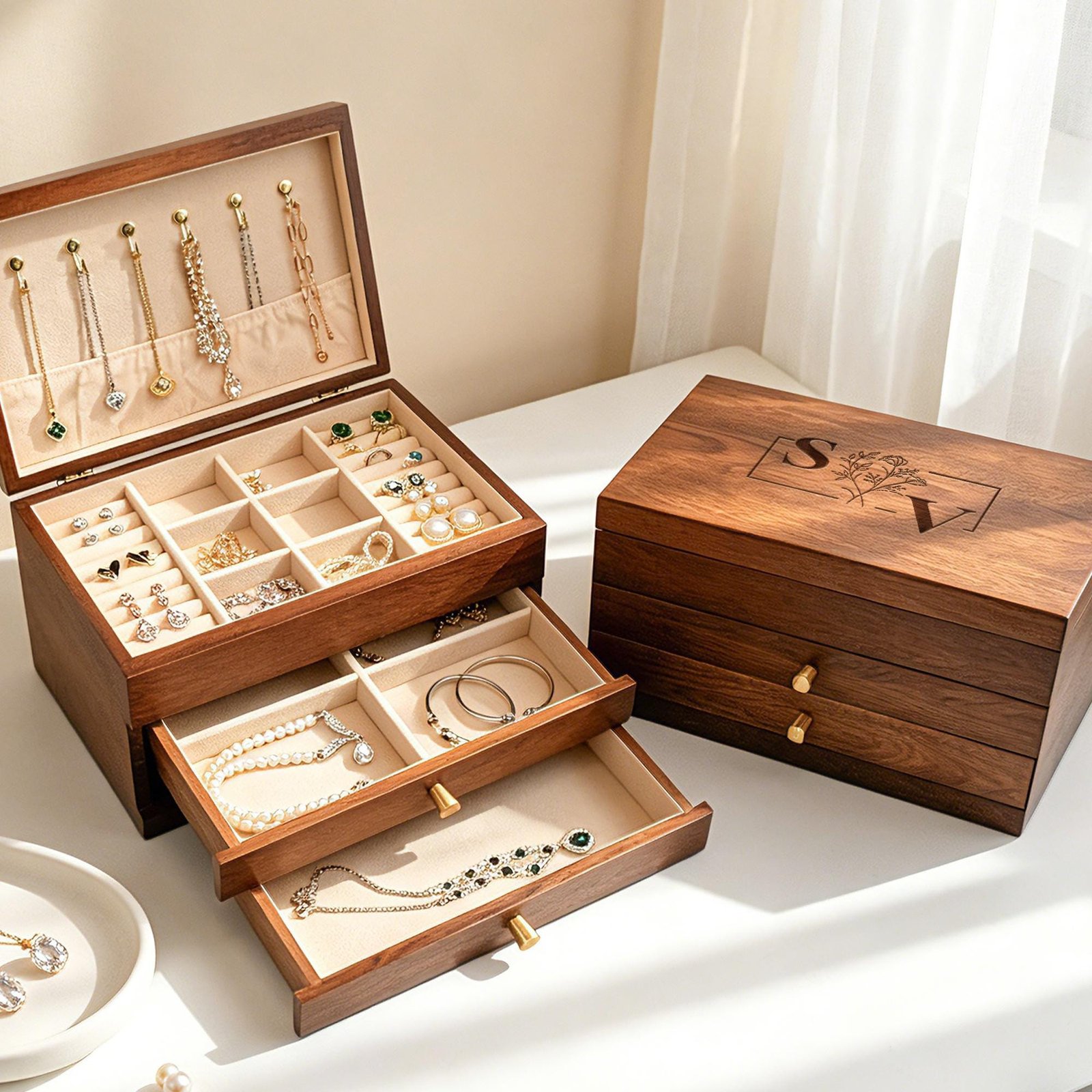 Custom Engraved Wooden Jewelry Box, 3-Layer Jewelry Organizer with Pull-Out Drawer, Removable Tray Ring Cushions, Earring & Necklace Storage