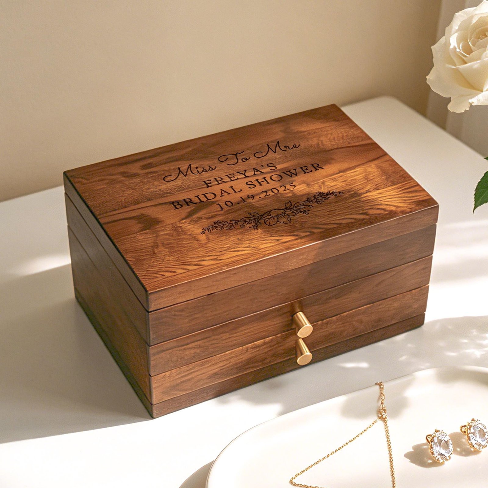 Custom Engraved Wooden Jewelry Box, 3-Layer Jewelry Organizer with Pull-Out Drawer, Removable Tray Ring Cushions, Earring & Necklace Storage
