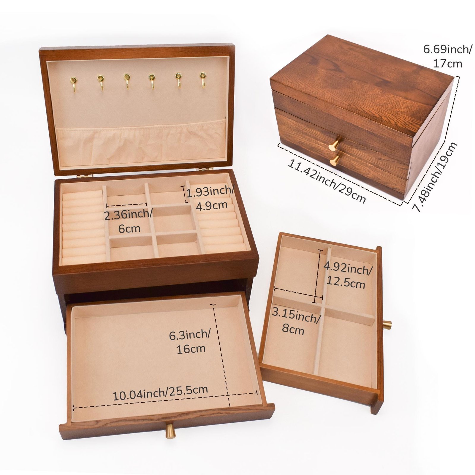 Custom Engraved Wooden Jewelry Box, 3-Layer Jewelry Organizer with Pull-Out Drawer, Removable Tray Ring Cushions, Earring & Necklace Storage
