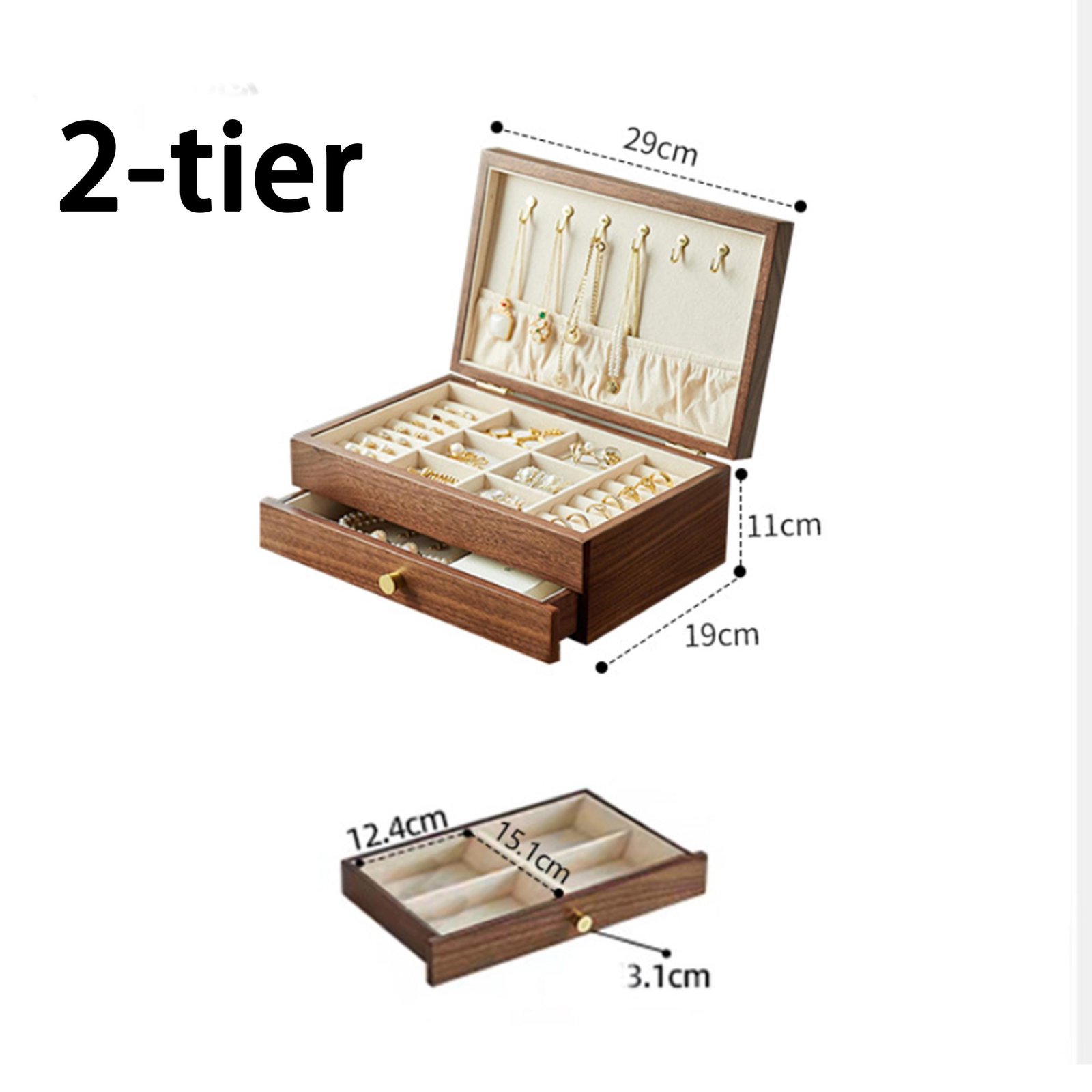 Custom Engraved Wooden Jewelry Box, 3-Layer Jewelry Organizer with Pull-Out Drawer, Removable Tray Ring Cushions, Earring & Necklace Storage