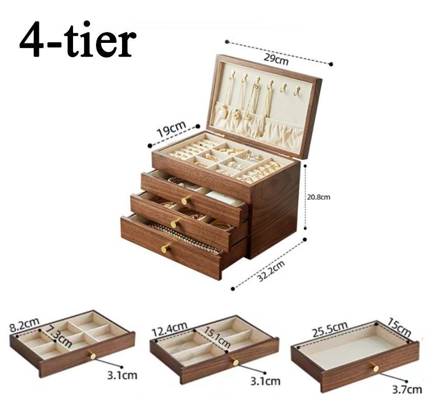 Custom Engraved Wooden Jewelry Box, 3-Layer Jewelry Organizer with Pull-Out Drawer, Removable Tray Ring Cushions, Earring & Necklace Storage