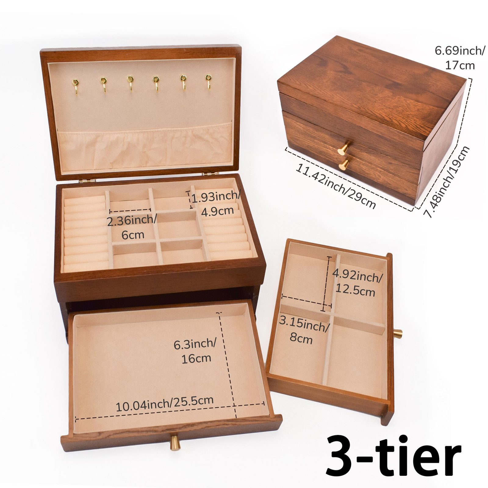 Custom Engraved Wooden Jewelry Box, 3-Layer Jewelry Organizer with Pull-Out Drawer, Removable Tray Ring Cushions, Earring & Necklace Storage