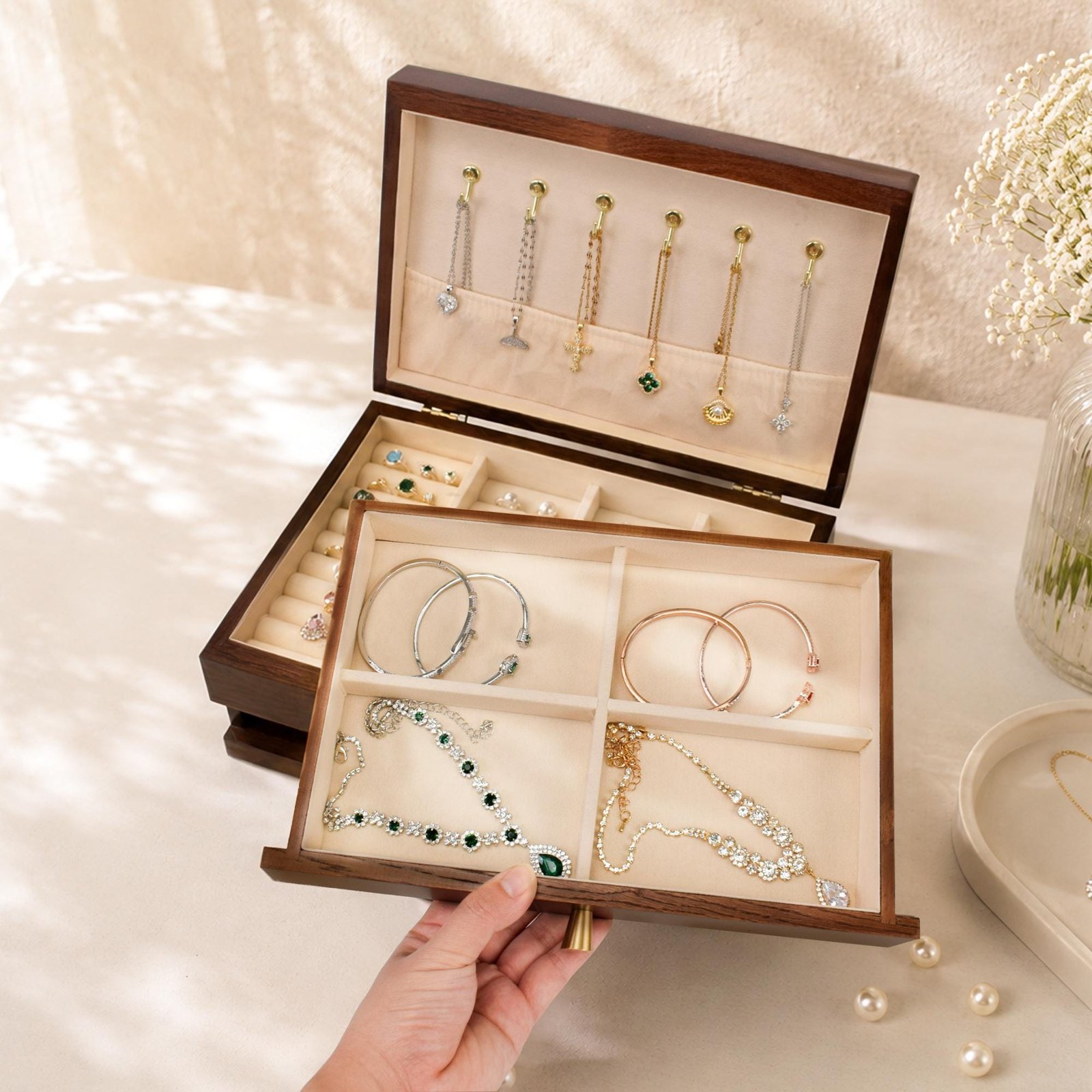 Custom Engraved Wooden Jewelry Box, 3-Layer Jewelry Organizer with Pull-Out Drawer, Removable Tray Ring Cushions, Earring & Necklace Storage