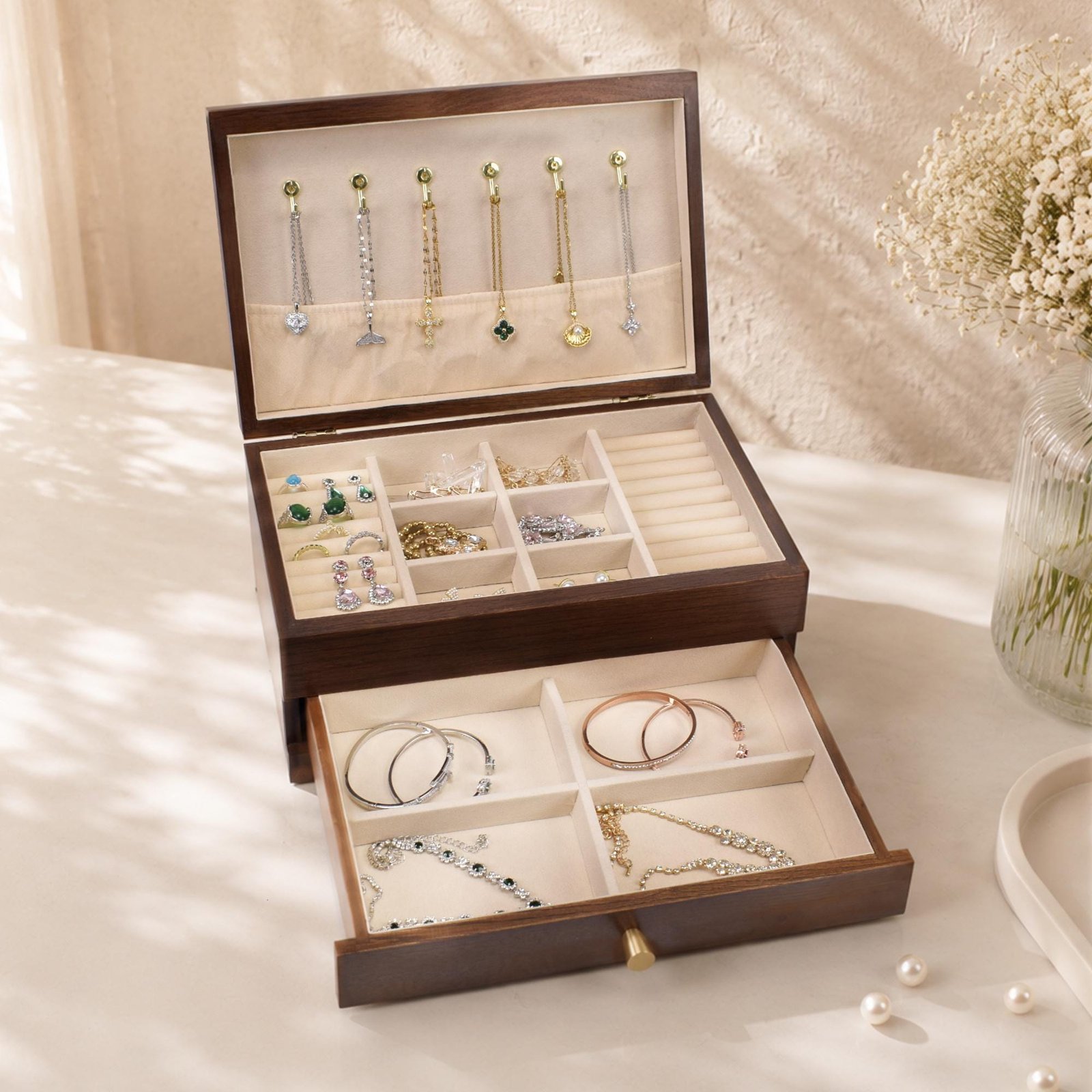 Custom Engraved Wooden Jewelry Box, 3-Layer Jewelry Organizer with Pull-Out Drawer, Removable Tray Ring Cushions, Earring & Necklace Storage