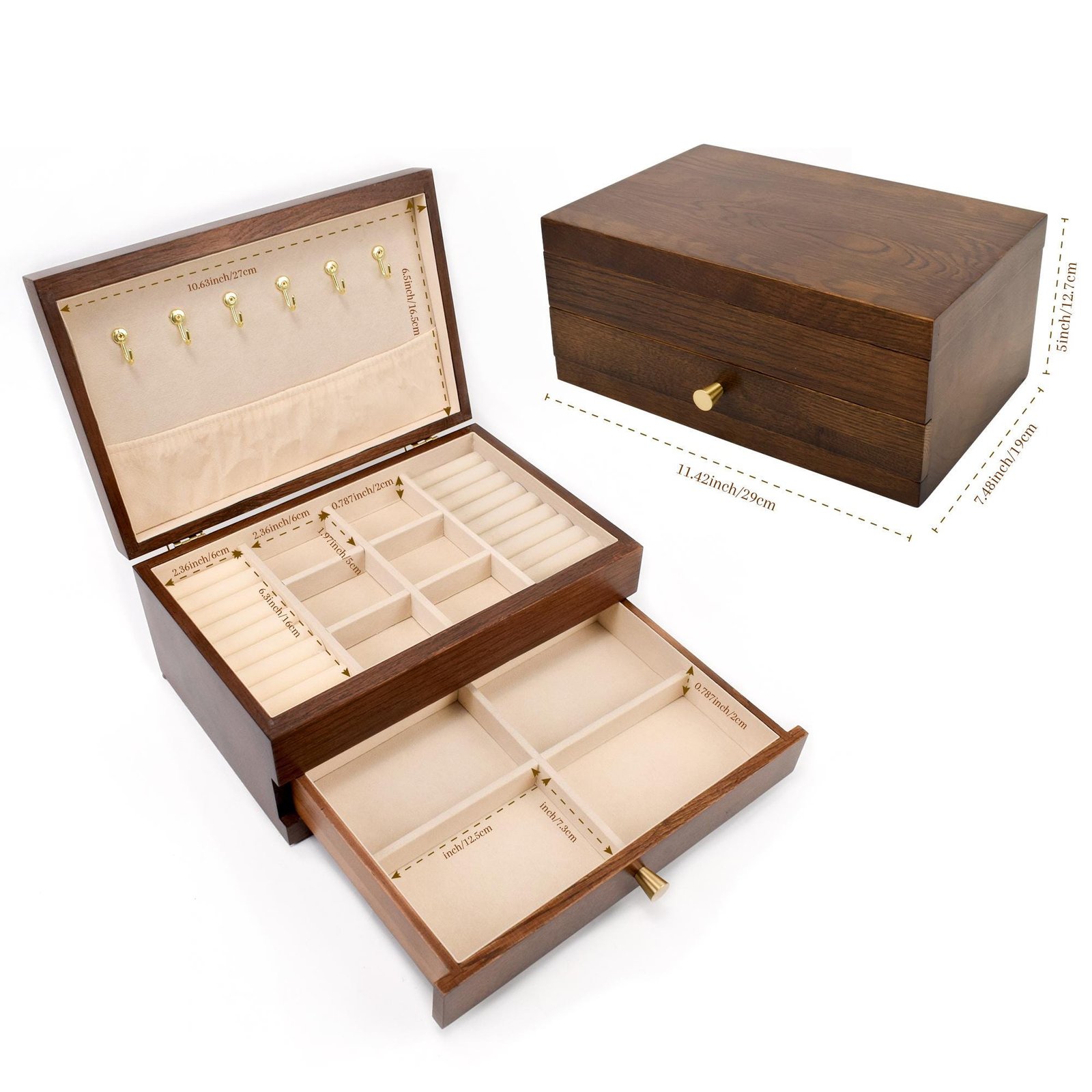 Custom Engraved Wooden Jewelry Box, 3-Layer Jewelry Organizer with Pull-Out Drawer, Removable Tray Ring Cushions, Earring & Necklace Storage