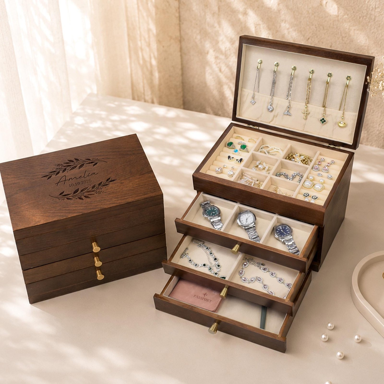 Custom Engraved Wooden Jewelry Box, 3-Layer Jewelry Organizer with Pull-Out Drawer, Removable Tray Ring Cushions, Earring & Necklace Storage
