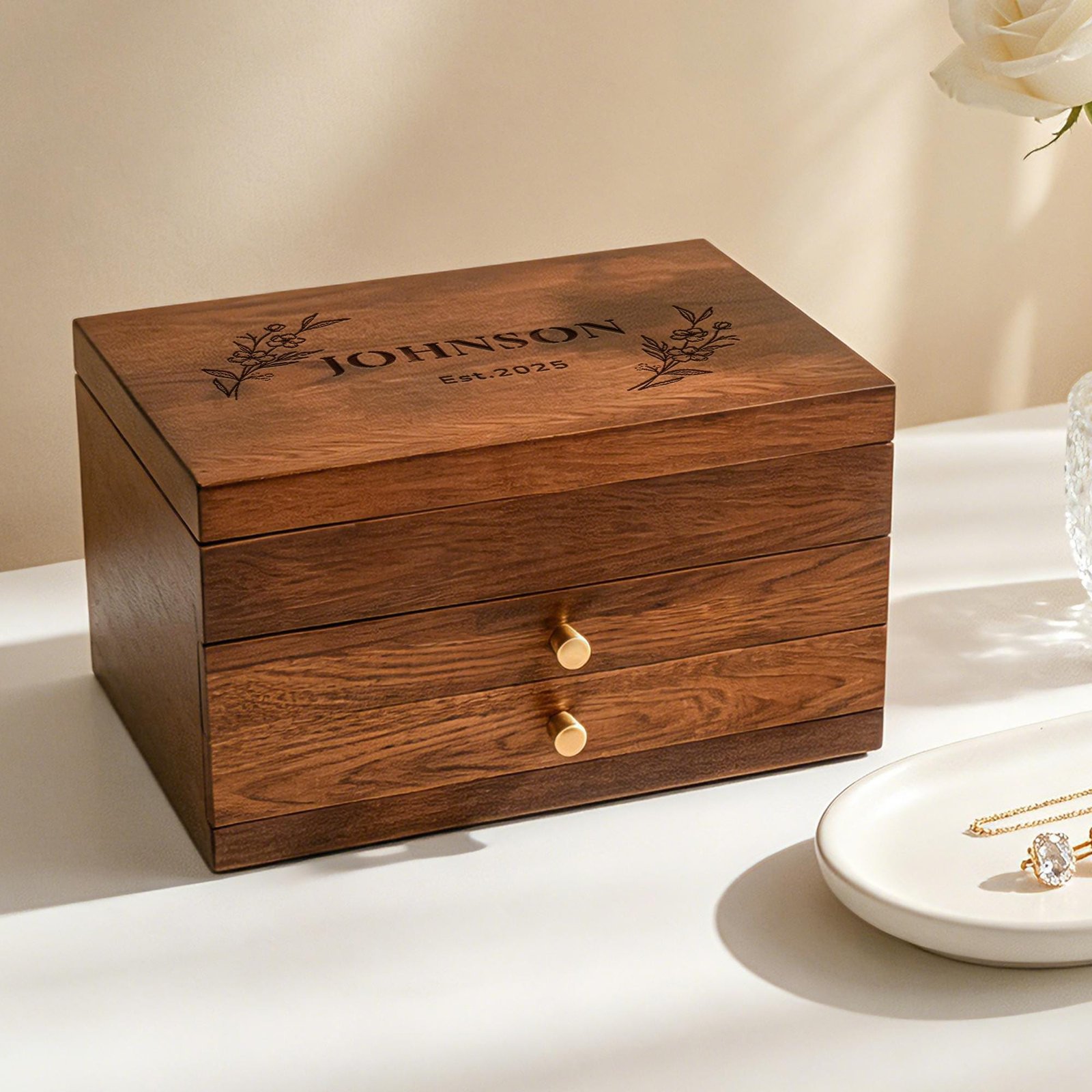 Custom Engraved Wooden Jewelry Box, 3-Layer Jewelry Organizer with Pull-Out Drawer, Removable Tray Ring Cushions, Earring & Necklace Storage