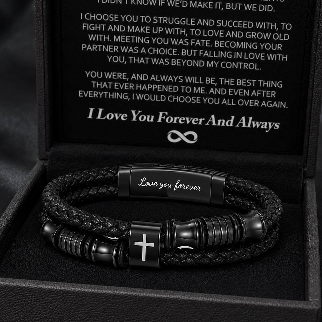 To My Husband Bracelet, Love You Forever Black Braided Bracelet, Cross Bracelet Gift Box, Anniversary Birthday Gift for Him