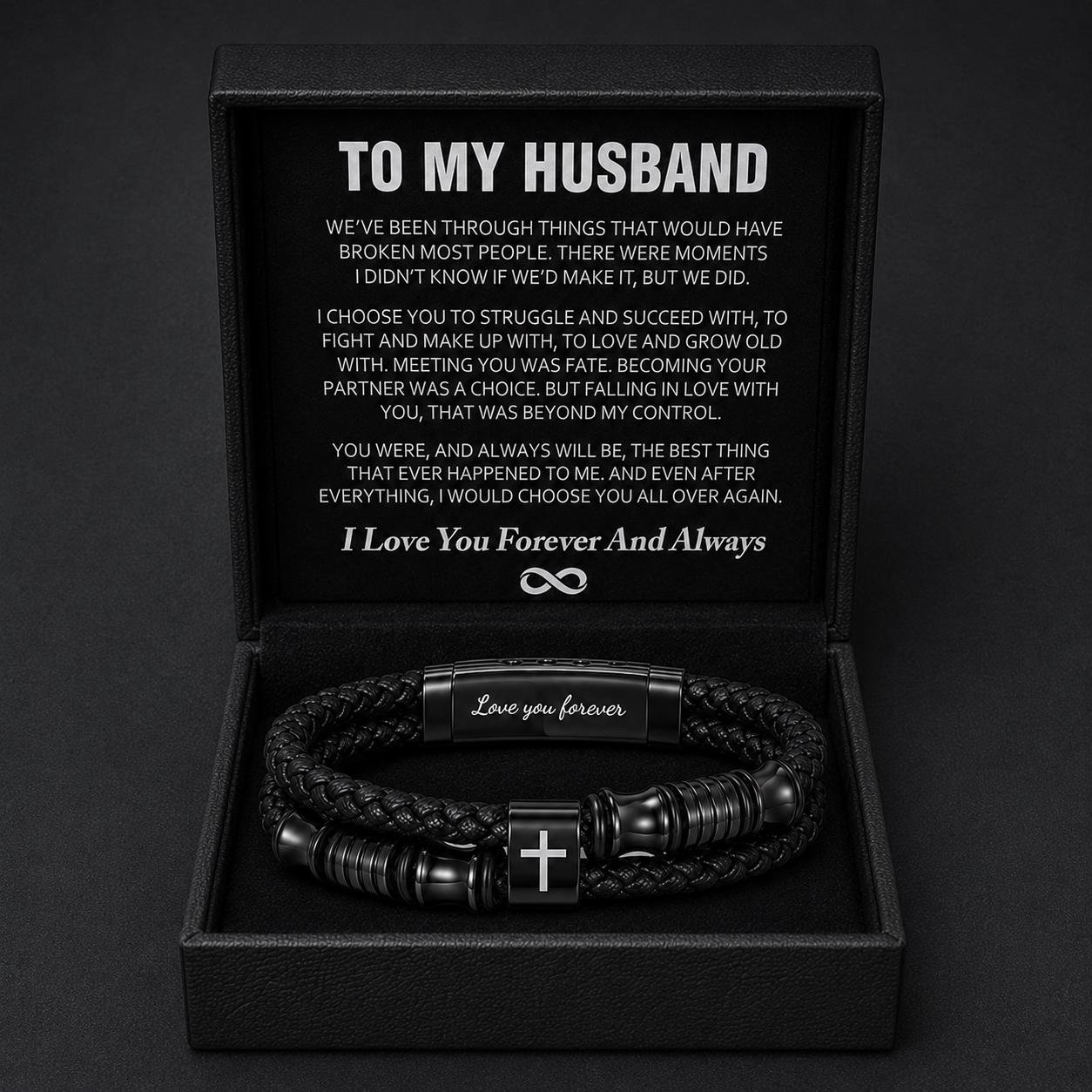 To My Husband Bracelet, Love You Forever Black Braided Bracelet, Cross Bracelet Gift Box, Anniversary Birthday Gift for Him