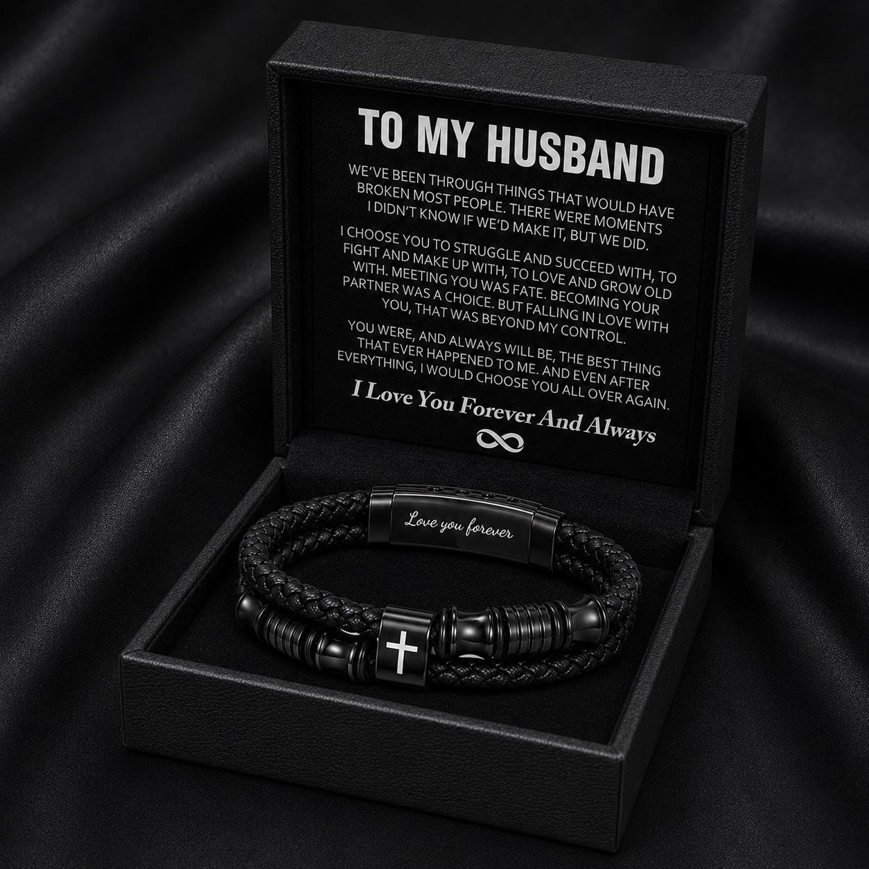 To My Husband Bracelet, Love You Forever Black Braided Bracelet, Cross Bracelet Gift Box, Anniversary Birthday Gift for Him