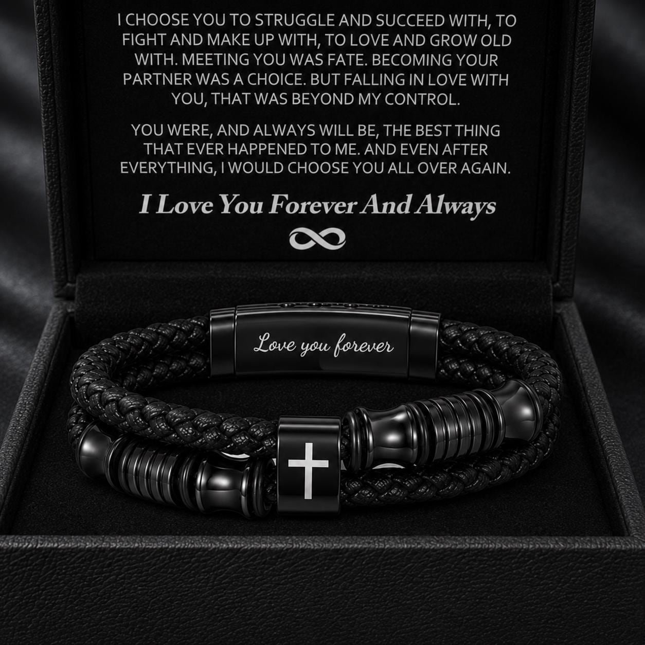 To My Husband Bracelet, Love You Forever Black Braided Bracelet, Cross Bracelet Gift Box, Anniversary Birthday Gift for Him