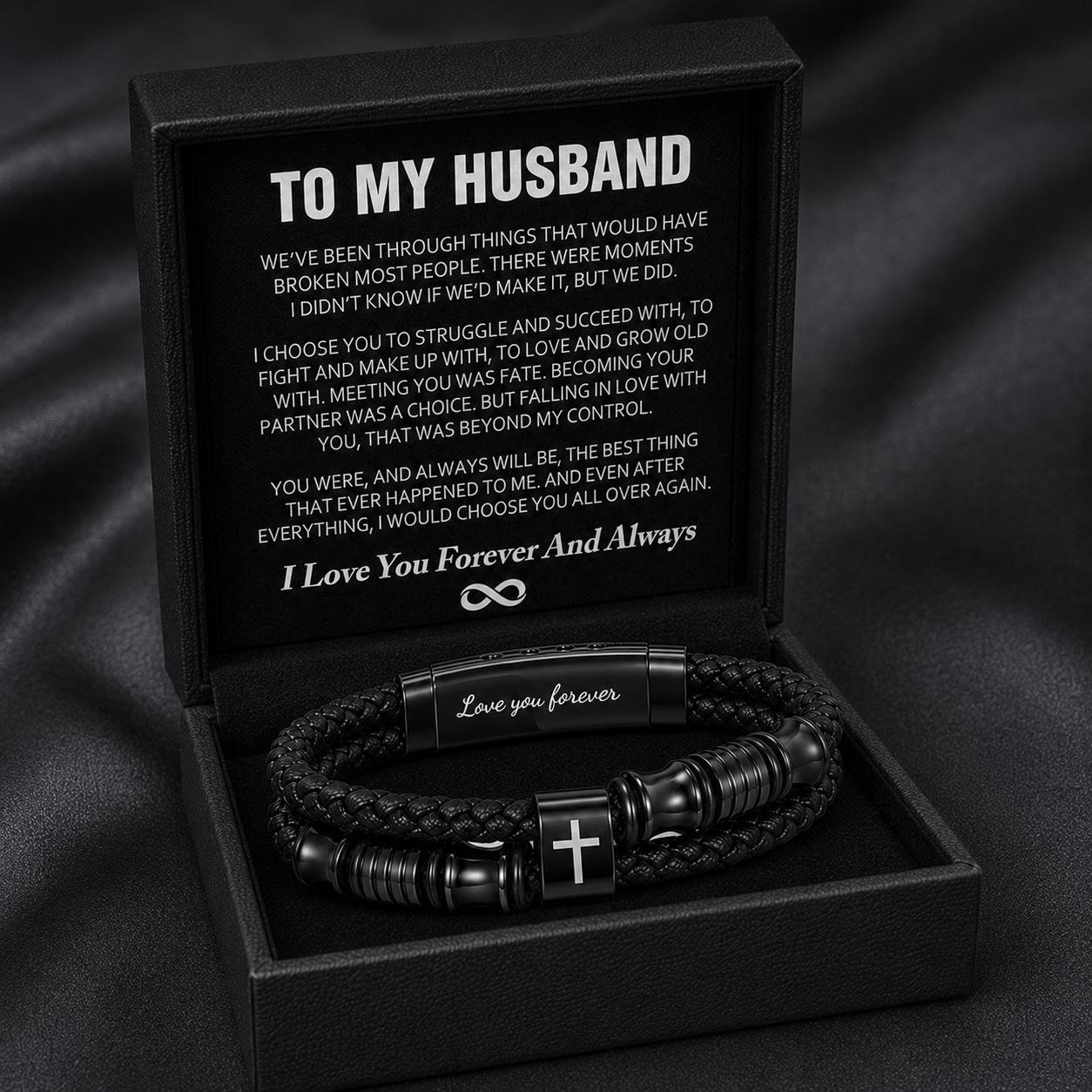 To My Husband Bracelet, Love You Forever Black Braided Bracelet, Cross Bracelet Gift Box, Anniversary Birthday Gift for Him