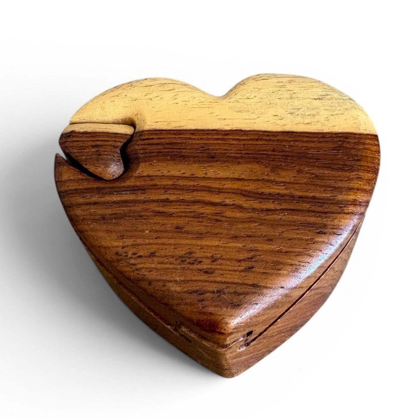 Handmade Two Tone Wood Heart Puzzle Box Secret Trinket Jewelry Case 3.5 Inch