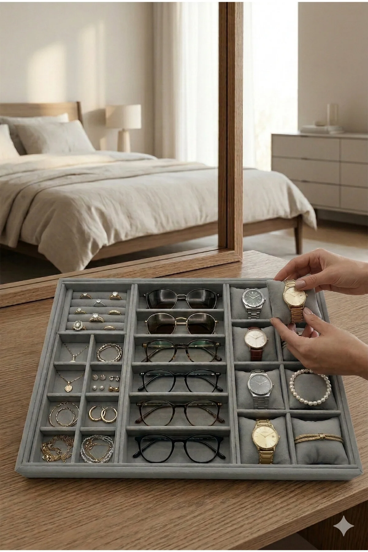 Homebiente XLarge 50x36,5 cm Gri Kadife Saat, Gözlük, Yüzük ve Küpe Takı Organizer Tablası