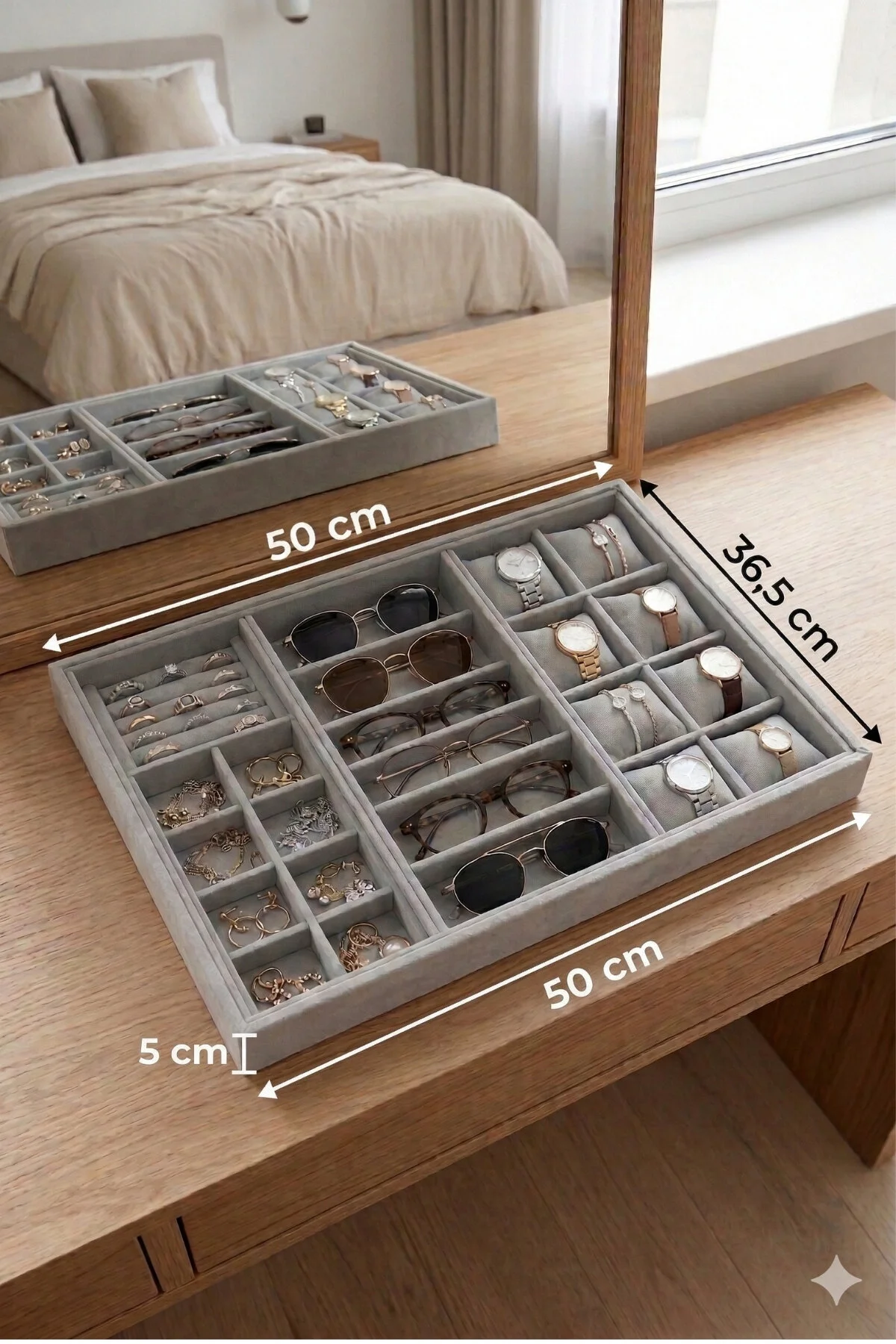 Homebiente XLarge 50x36,5 cm Gri Kadife Saat, Gözlük, Yüzük ve Küpe Takı Organizer Tablası