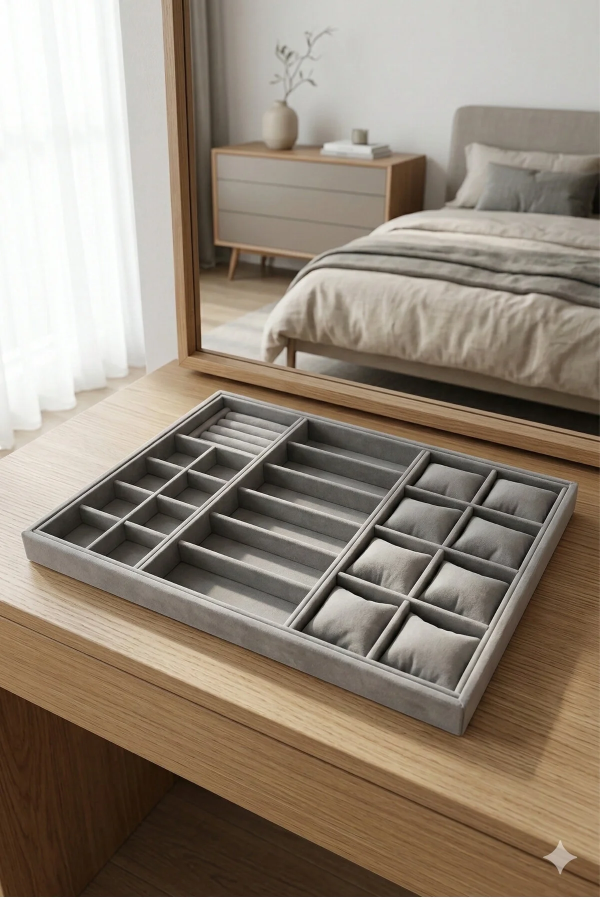 Homebiente XLarge 50x36,5 cm Gri Kadife Saat, Gözlük, Yüzük ve Küpe Takı Organizer Tablası