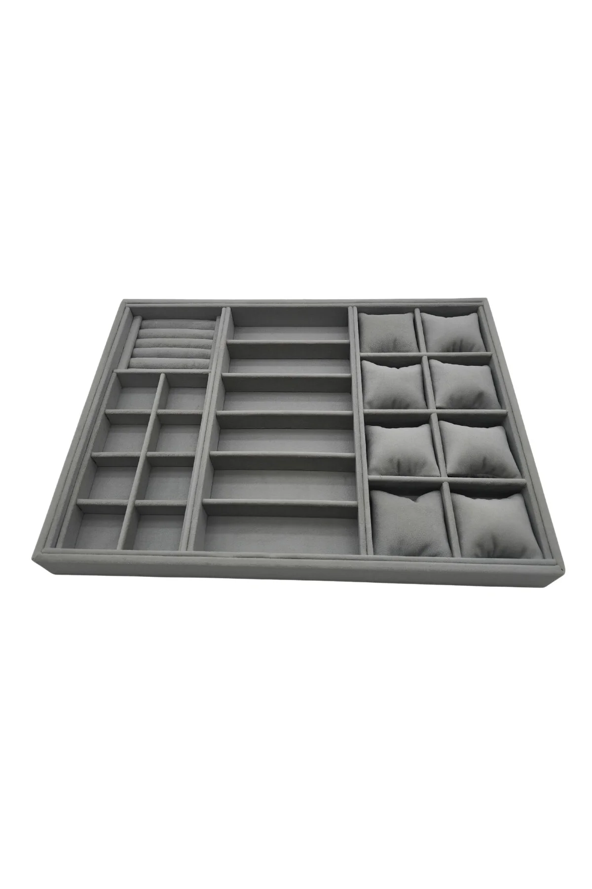 Homebiente XLarge 50x36,5 cm Gri Kadife Saat, Gözlük, Yüzük ve Küpe Takı Organizer Tablası