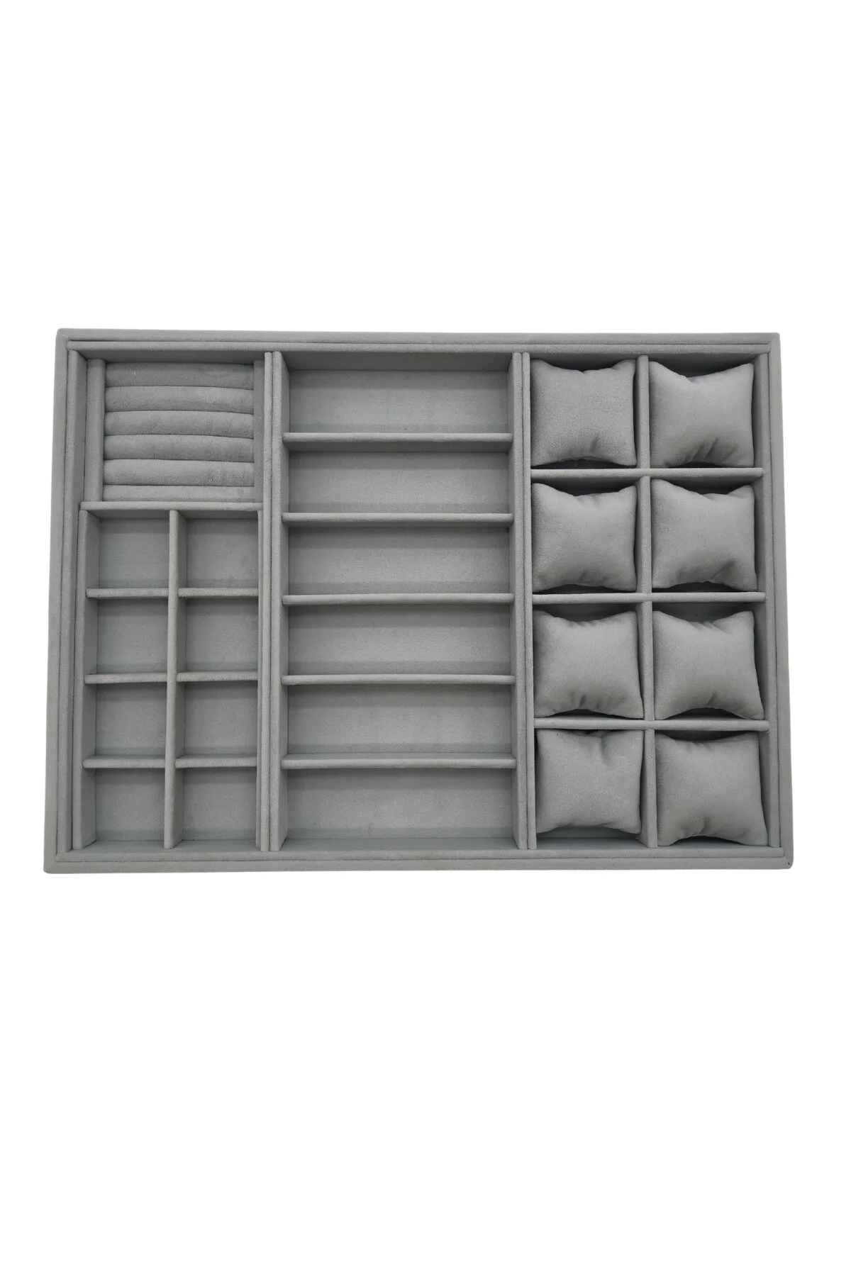 Homebiente XLarge 50x36,5 cm Gri Kadife Saat, Gözlük, Yüzük ve Küpe Takı Organizer Tablası